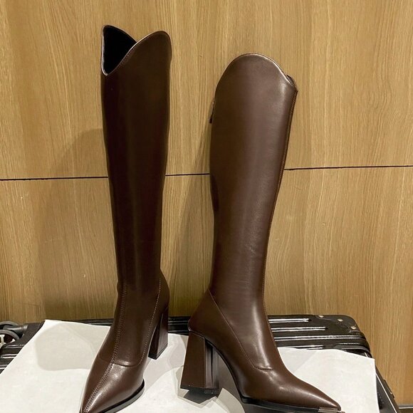 Brown Elegant Women's High Heels Over Knee Boots - Picture 5 of 6